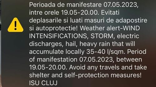 Mesaj Ro-Alert pentru cod portocaliu de vreme rea în municipiul Cluj Napoca și mai multe localități din județul Cluj
