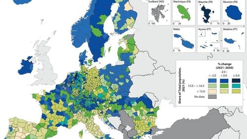 Tinerii de 15-29 de ani reprezentau 16,3% din populația Uniunii Europene, la 1 ianuarie 2021. Ponderea lor va scădea la sub 15% până în 2050 / Regiunile care vor întineri și cele unde îmbătrânirea se va accentua - HARTĂ