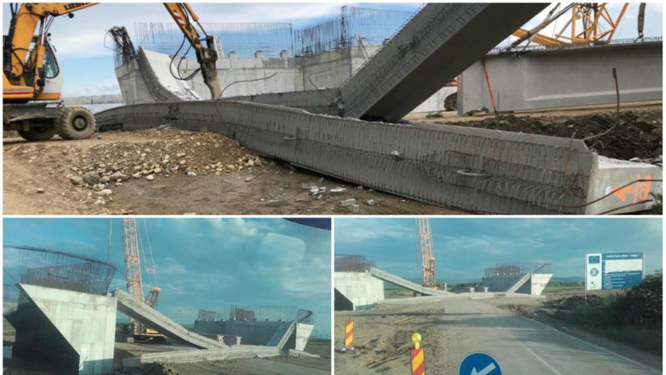 Două grinzi masive s-au prăbușit la o oră după montare pe șantierul Autostrăzii Sebeș - Turda. Un muncitor a fost rănit