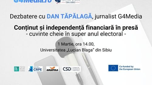 Dezbatere G4Media cu presa locală, la Sibiu, pe 1 martie, susținută de jurnalistul Dan Tăpălagă: „Conținut și independență financiară în presă - cuvinte cheie în super-anul electoral”