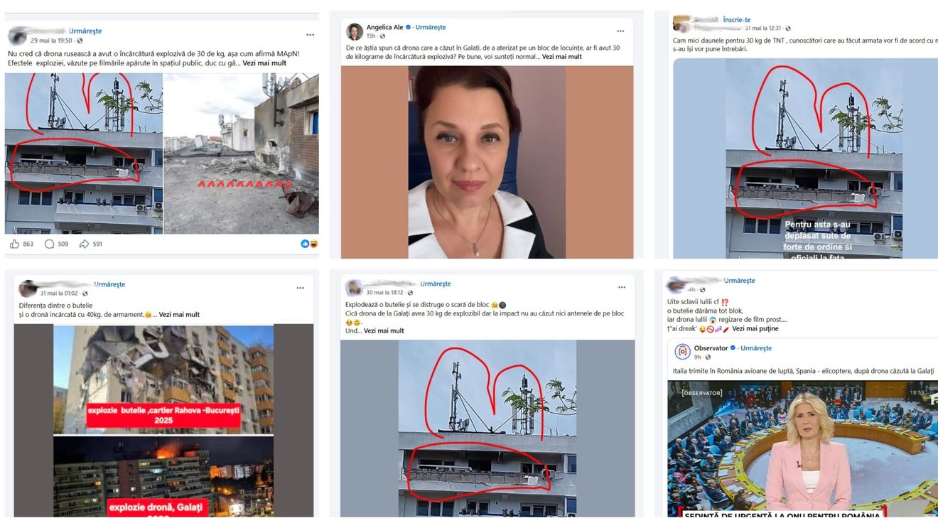 Postări fake și acuzații fără probe despre drona din Galați, viralizate și rostogolite masiv pe rețele în mini-vacanța de Rusalii: ”Drona mai slabă decât butelia” și ”înscenarea Ucrainei”, între favorite