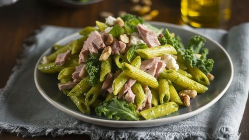 Paste integrale cu ton, nuci și kale/ Un preparat cu arome mediteraneene și ingrediente nutritive: Omega3 din pește, grăsimi sănătoase din nuci și vitamine din frunzele verzi