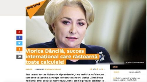 Viorica Dăncilă primește elogii din partea propagandei rusești: ”Este nu numai omul politic al momentului, dar și cel mai probabil candidat la președinție”