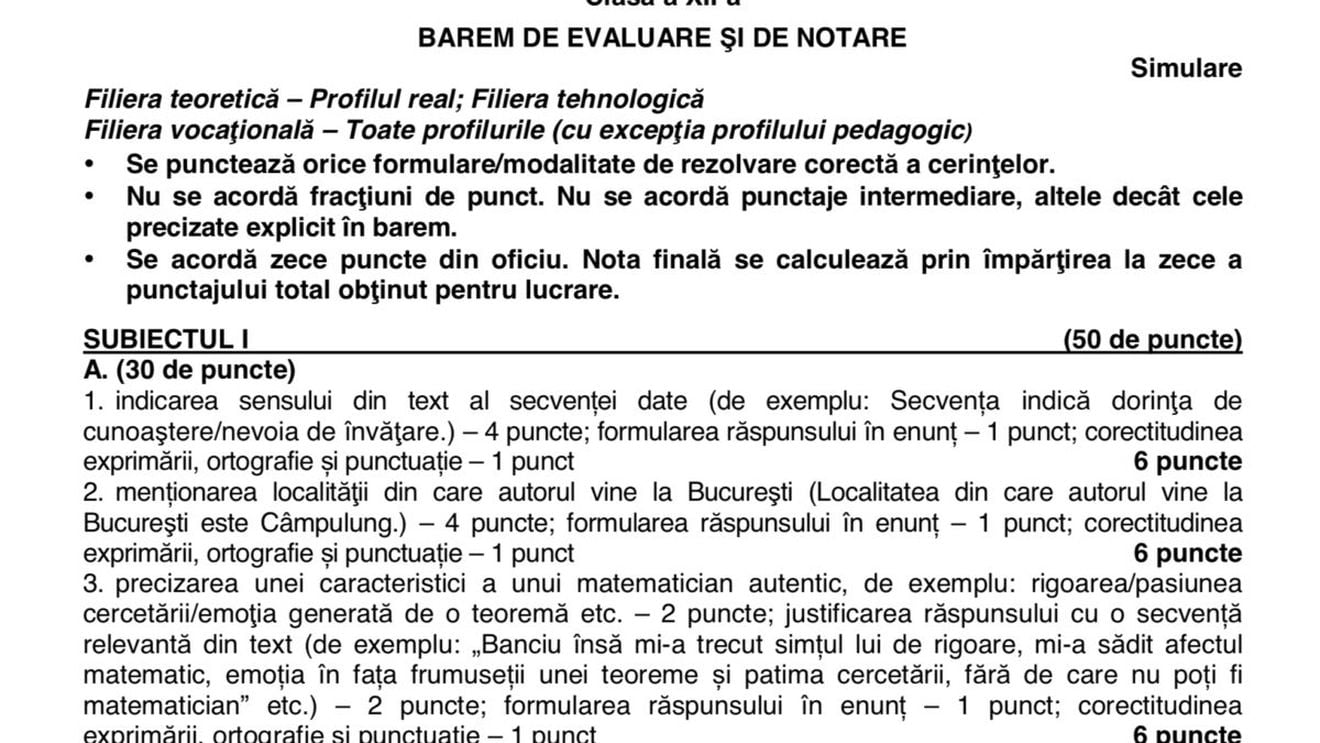 Barem simulare Limba și literatura română clasa a XII-a: Descarcă baremul de corectare și notare de la simularea la Limba română