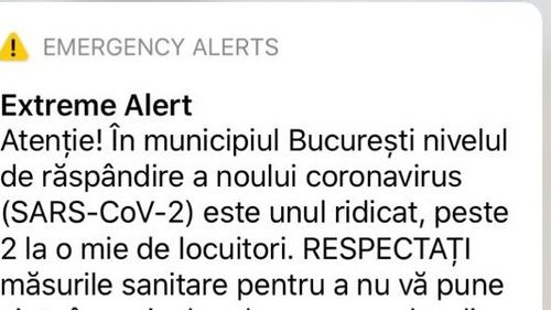 Un mesaj transmis de RO ALERT în București avertizează cetățenii că rata de răspândire a Covid e ridicată și cere respectarea regulilor sanitare