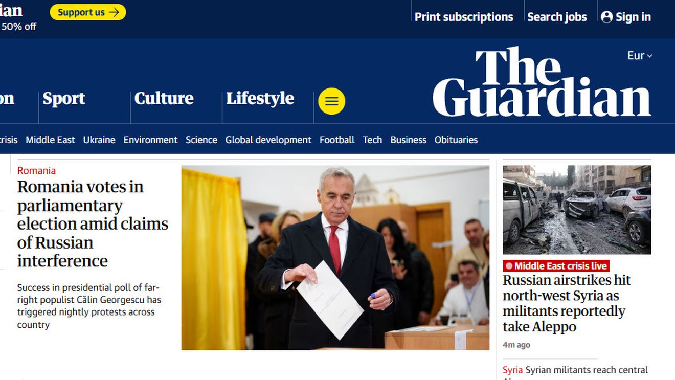 Călin Georgescu, subiectul zilei în The Guardian pentru a doua oară într-o săptămână, cu titlul "România votează în cadrul alegerilor parlamentare, în contextul acuzațiilor de interferență la adresa Rusiei"