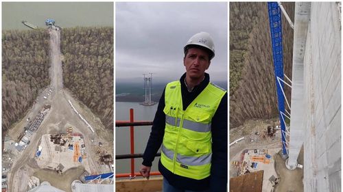 VIDEO CNAIR Imagini din turnul podului suspendat de la Brăila, surprinse de la înălțimea de aproape 190 de metri. Plasarea cablurilor va începe în iunie