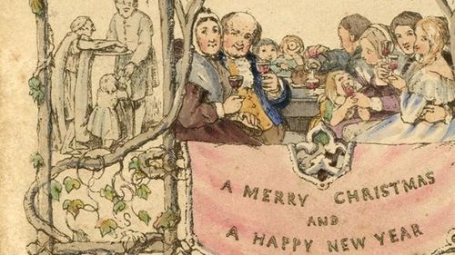 Prima felicitare de Crăciun, tipărită în 1843, expusă la Muzeul Charles Dickens din Londra
