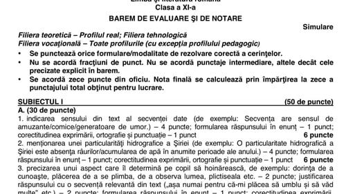 Baremul de notare pentru clasa a XI-a: Grila de corectare a lucrărilor la Limba și literatura română