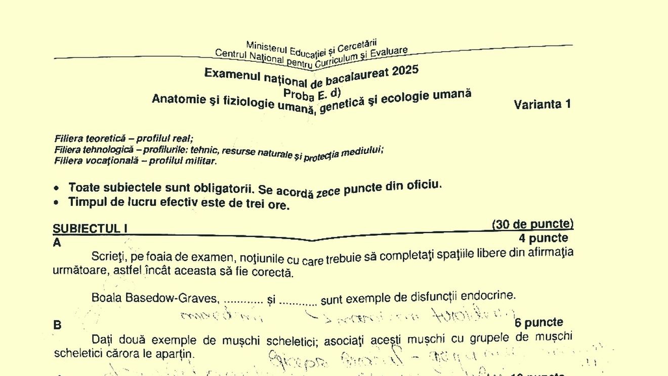 Subiecte Biologie – Anatomie umană BAC 2025