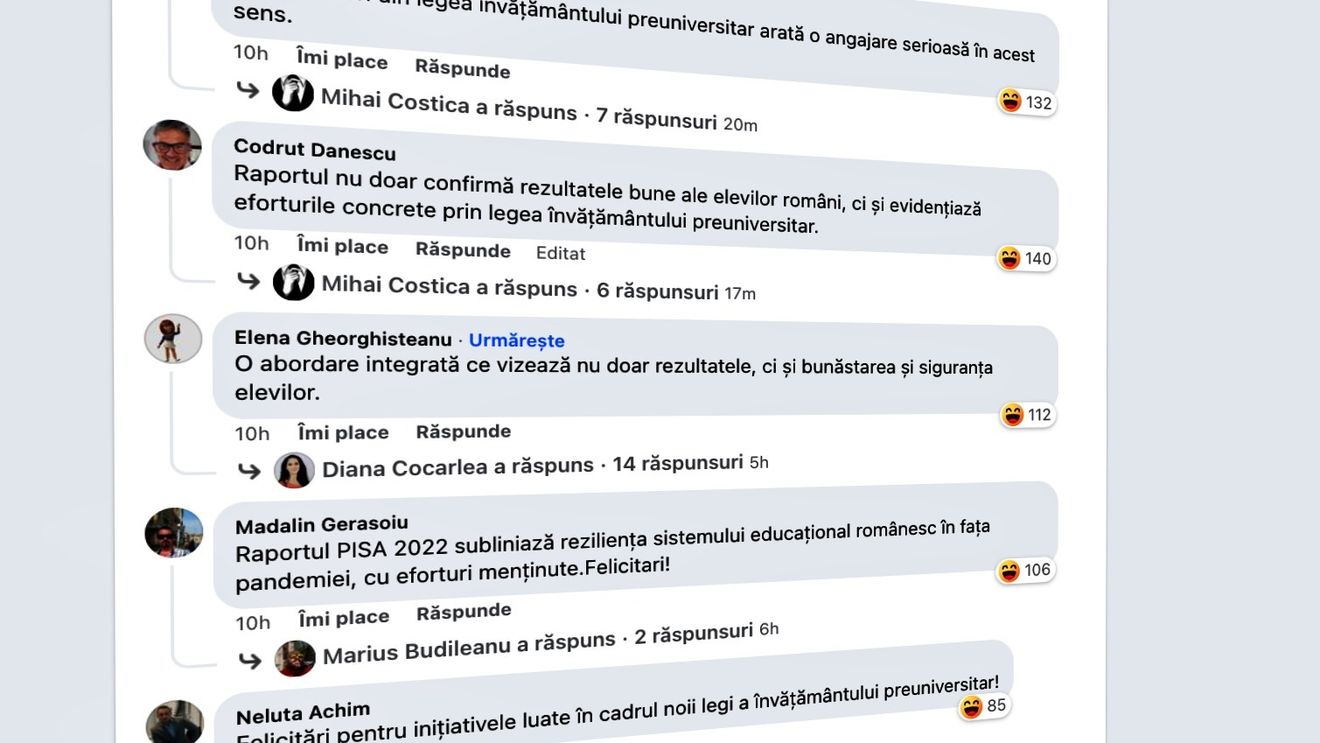 Val de comentarii de laudă pe pagina ministrei Ligia Deca, după ce România s-a clasat penultima din UE la PISA 2022. Internauții se întreabă dacă mesajele sunt generate de roboți sau de postaci