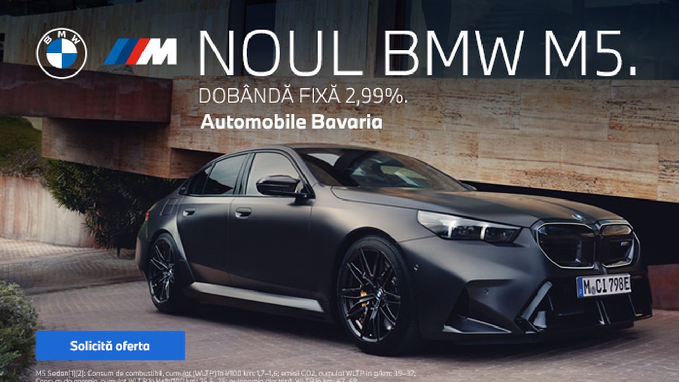 Descoperă puterea, rafinamentul și tehnologia de ultimă oră a noului BMW M5. Beneficiază de o ofertă financiară exclusivă – dobândă fixă de 2,99% (P)