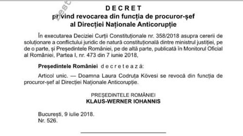 Decretul de revocare a lui Kovesi de la șefia DNA a fost publicat în Monitorul Oficial