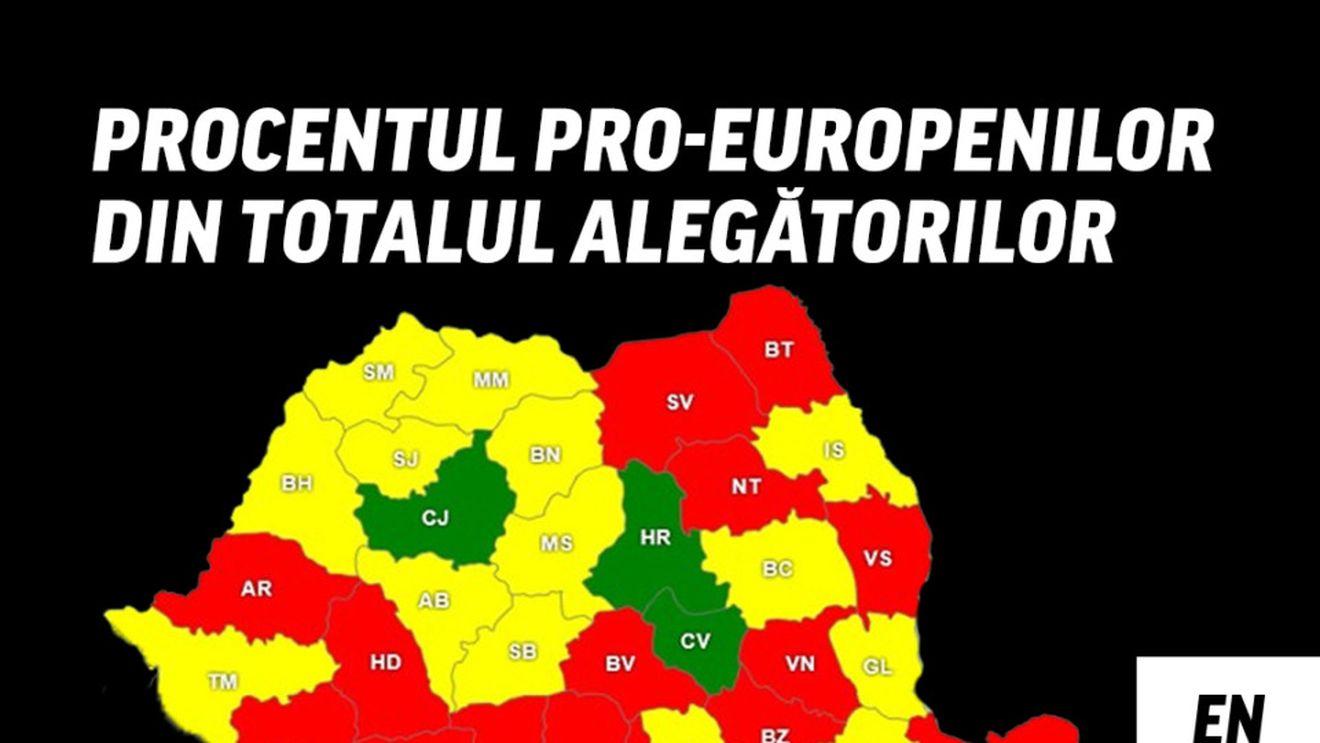 Harta voturilor pro-europene versus pro-izolaționiste, la nivelul țării/ La poli opuși, județele Harghita și Gorj