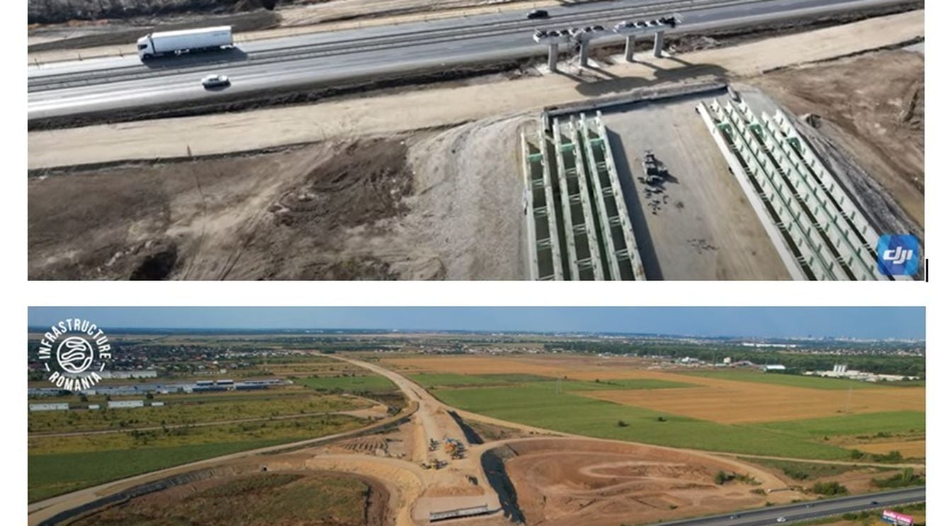 VIDEO Autostrada Bucureștiului : nicio grindă montată în 6 luni la nodul A0-A1 de pe lotul Aktor. Comparație iulie 2023-februarie 2024