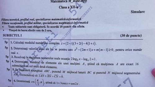 Subiecte simulare Matematica clasa a XII-a: cerințele pe care le-au avut de rezolvat liceenii de la matematică-informatică