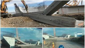 Două grinzi masive s-au prăbușit la o oră după montare pe șantierul Autostrăzii Sebeș - Turda. Un muncitor a fost rănit