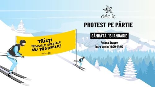 Protest pe schiuri al comunității Declic: "Tăiaţi pensiile speciale, nu pădurile"