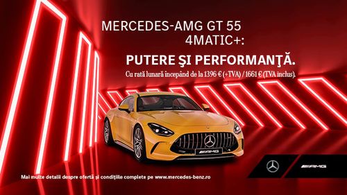 Putere și performanță fără egal. Alătură-te unei noi generații de neoprit și intră în cea mai rapidă familie din lume, cu Mercedes-AMG GT 55 4MATIC+. Rată lunară începând de la 1.661 EUR (TVA inclus). Află mai multe (P)
