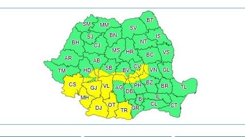 Cod galben de vânt / Sunt afectate județele din zona de sud-vest a ţării şi în Carpaţii Meridionali şi de Curbură