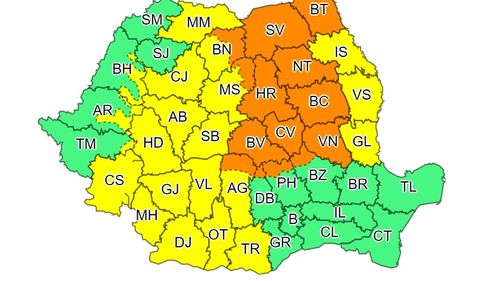 Cod portocaliu de de averse torenţiale în estul şi sud-estul Transilvaniei, în cea mai mare parte a Moldovei, în zona Carpaţilor Orientali şi în estul Carpaţilor Meridionali