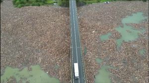 Dezastrul se vede din aer la viaductul Poiana Largului. Lacul este acoperit cu bușteni și gunoaie