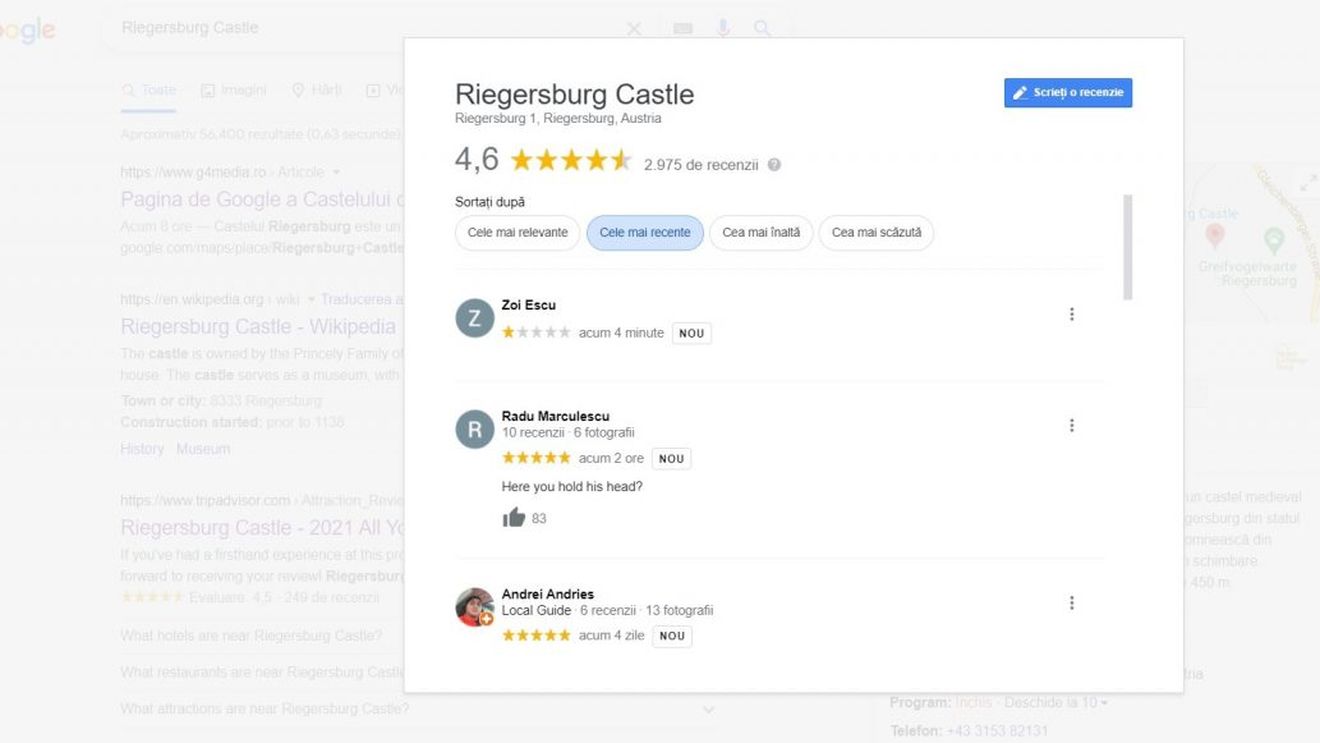 Ratingul de pe Google al Castelului prințului Emanuel von und zu Liechtenstein a fost restabilit, iar recenziile negative ale câtorva mii de români, șterse/ Comentariile blocate și pe Tripadvisor