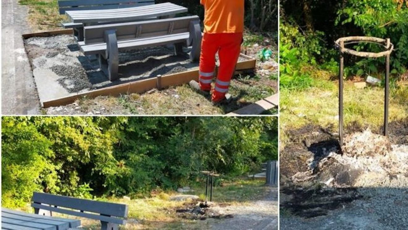 Bănci și mese distruse, coșuri de gunoi incendiate. Drumuri și Poduri Timișoara susține că repară degeaba popasurile de pe drumurile naționale