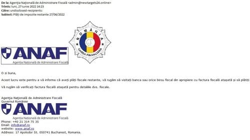 Mailuri false cu restanțe de plată, trimise în numele ANAF: "Nu accesați documentele anexate sau linkurile din conținut"