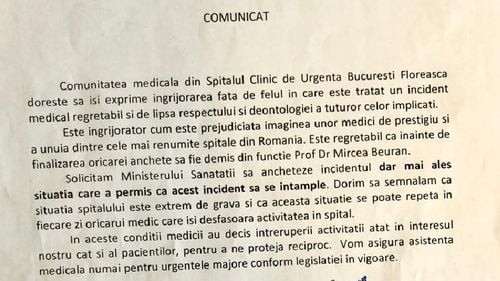 Mai mulți medici de la Spitalul Floreasca fac grevă în apărarea lui Mircea Beuran și califică moartea pacientei arse drept ”un incident medical regretabil”