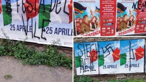 Inscripții naziste și svastici pe afișele  Ministerului Apărării de ”Ziua Eliberării”, la Roma / Mișcarea studențească palestiniană și-a anunțat deja prezența într-un loc de comemorare a partizanilor evrei