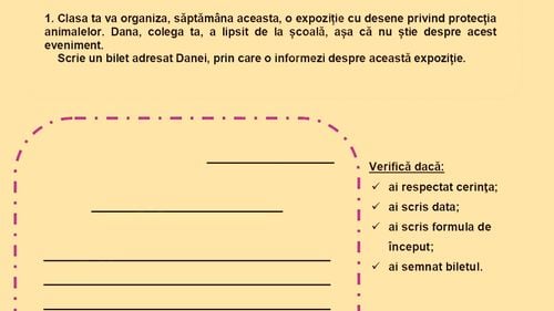 Subiectele de la Evaluarea Națională la clasa a II-a 2025, Limba română – scris. Elevii au avut de redactat un text din 6 propoziții în care să folosească informațiile dintr-un afiș