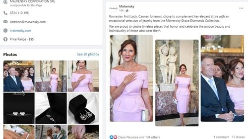 Imaginea lui Carmen Iohannis, folosită pentru promovarea unui magazin de bijuterii. Prima doamnă apare cu un inel și un colier cu diamante purtate la o ceremonie din Germania