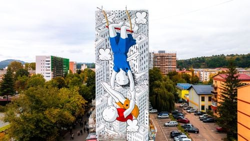 VIDEO Pictură murală de 10 etaje realizată la Reșița / Autorul creației de mari dimensiuni este italianul Francesco Millo, unul dintre cei mai cunoscuți artiști ai genului din lume
