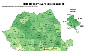 HARTĂ Rezultate Bacalaureat / Rata de promovare este de 74,8%, a doua cea mai mare din ultimii 15 ani / Cele mai slabe rezultate sunt în Ilfov, iar cele mai bune la Cluj