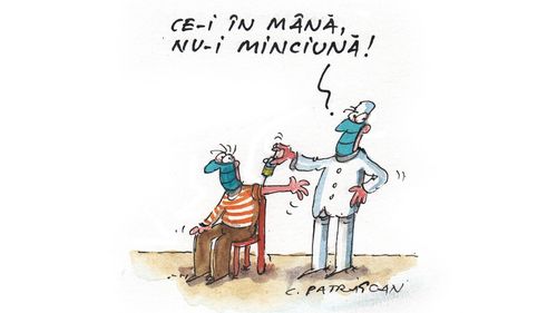Caricatură pentru promovarea vaccinării, postată de Comisia Europeană în România pe Facebook: "Ce-i în mână, nu-i minciună!"