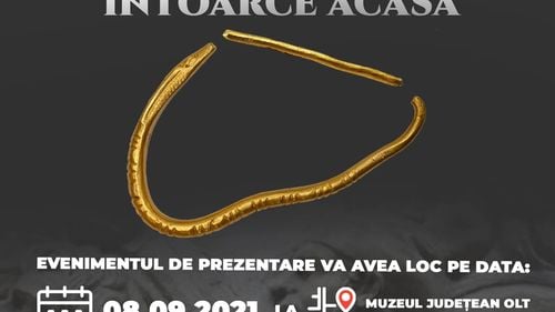 Brăţara dacică din aur descoperită în anul 2017 în localitatea Optaşi Măgura revine în patrimoniul Muzeului Judeţean Olt