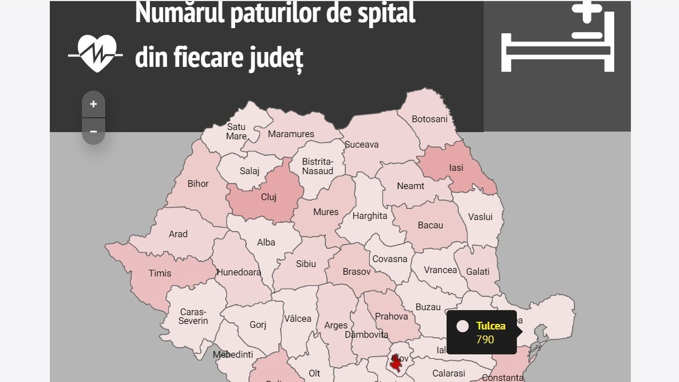 HARTĂ Câte paturi de spital finanțează Ministerul Sănătății în fiecare județ / În Giurgiu, Tulcea sau Călărași sunt mai puțin de 1.000, în Cluj și Iași - peste 6.000 / Spitalele din Capitală pot interna peste 20.000 de pacienți / GRAFIC Câți locuitori revin la un pat