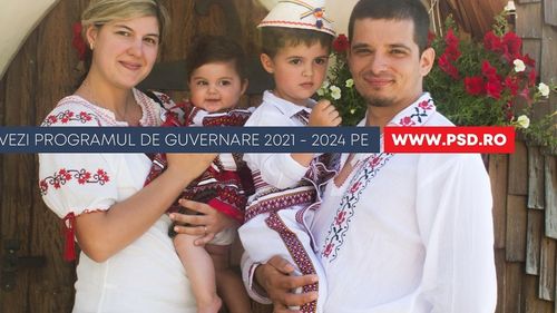Cum ilustrează PSD obiectivele la guvernare: familia cu copii, îmbrăcată în costum popular