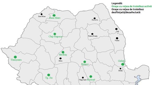 Harta orașelor din România în care mai circulă troleibuze, mijloace de transport sută la sută electrice / La Piatra Neamț, acestea vor fi înlocuite cu autobuze