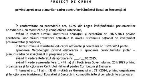 BREAKING Planuri-cadru liceu 2025 – proiectele rezultate în urma dezbaterii au fost publicate de Ministerul Educației și Cercetării