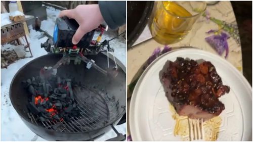 Un voluntar pregătește grătar pentru soldații ucraineni din prima linie folosind o dronă FPV pentru a aprinde cărbunii (VIDEO)