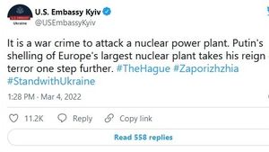 Departamentul de Stat al SUA le-a cerut ambasadelor americane să nu transmită mesajul Twitter al Ambasadei de la Kiev, care califică atacul unei centrale nucleare o crimă de război