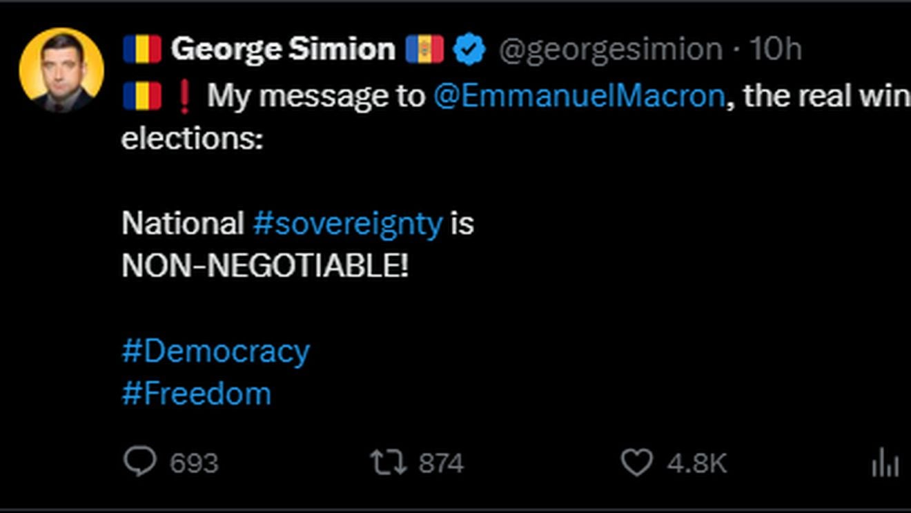 George Simion postează pe X pentru Emmanuel Macron că el este adevăratul câștigător al alegerilor din România / Mandatul de președinte al lui Nicușor Dan a fost valitat de CCR, iar ceremonia de învestire este programată pentru luni