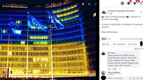 Val de comentarii negative la postarea Comisiei Europene în care își arată solidaritatea cu Ucraina colorând sediul instituției în galben-albastru: ”SWIFT! SWIFT!”