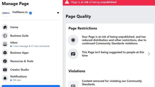 După G4Media.ro, și pagina redacției HotNews.ro a fost restricționată de Facebook fără explicații