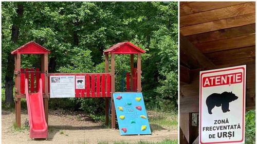 Avertismente legate de prezența urșilor în zonă, montate pe locurile de joacă de pe pista de biciclete din Alba Iulia. Poliția locală patrulează zona