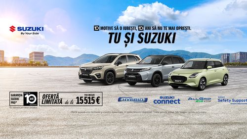 10 motive să o iubești. 10 ani să nu te mai oprești. TU ȘI SUZUKI Parteneri la fiecare drum. Tehnologie hibridă și fiabilitate dovedită, susținute de Suzuki Pro – garanție de până la 10 ani, pentru liniște pe termen lung. Ofertă limitată de la 15.515 € TVA inclus.