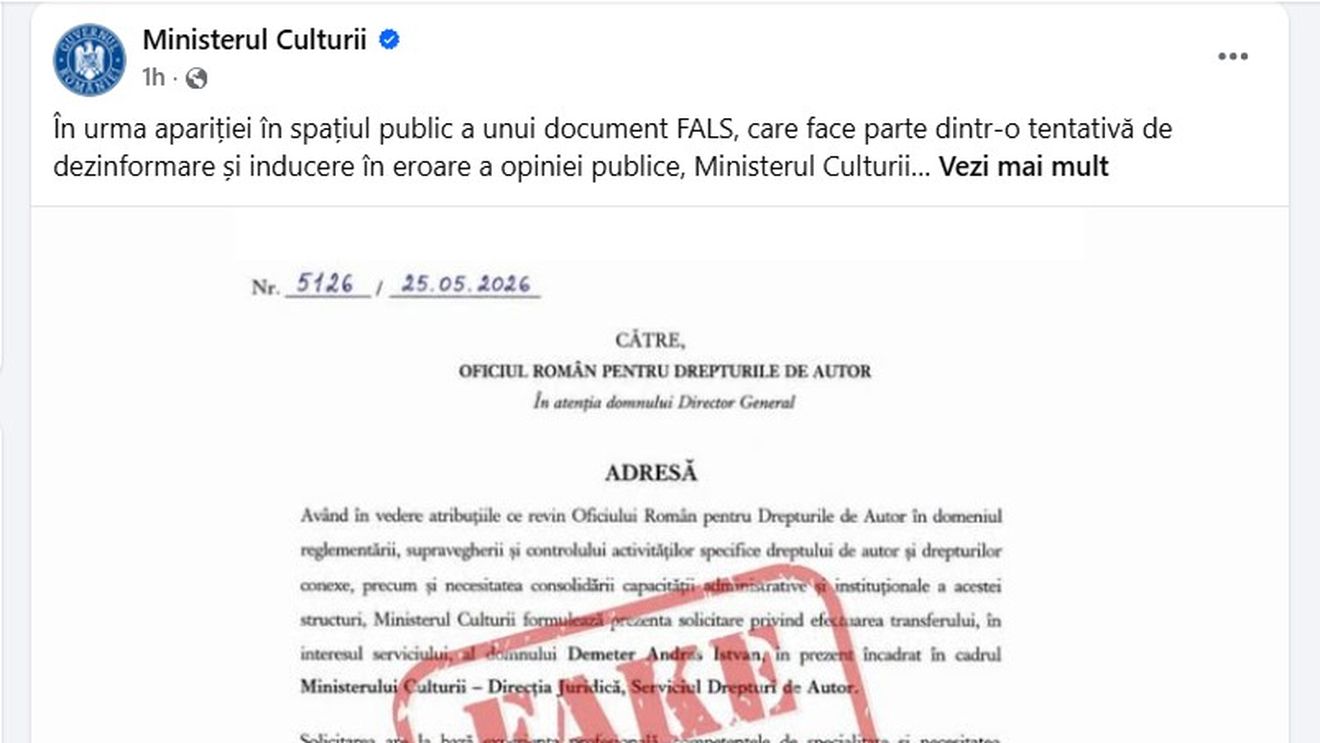 Ministerul Culturii și Oficiul pentru Drepturile de Autor dezmint că Demeter Andras și-ar fi dat singur transfer: ”Document fals”, susține ministerul / ”Nu a fost transmisă sau înregistrată nicio astfel de cerere”, spune ORDA