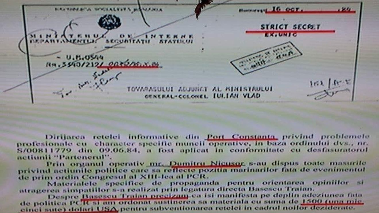 Fostul vicepreședinte PMP, Radu Cristescu, publică un document al fostei Securități și susține că Traian Băsescu a fost remunerat cu 1500 de dolari